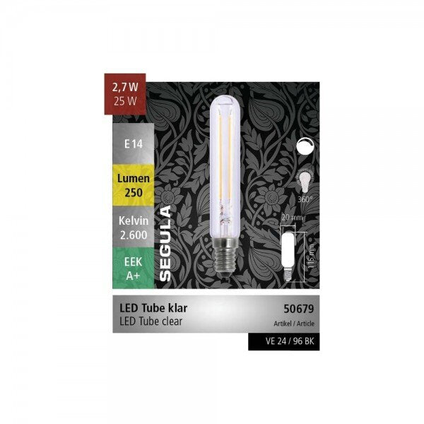 Segula 50679 Dimmable 2.7W E14 Clear LED Tube Bulb